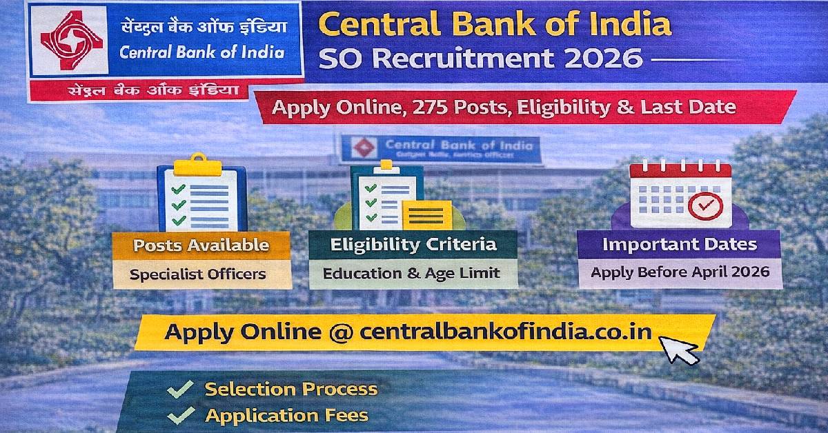 Central Bank of India SO Recruitment 2026 Apply Online, 275 Posts, Eligibility & Last Date